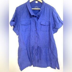 Olsen 100% linen summer jacket top button down blue blouse